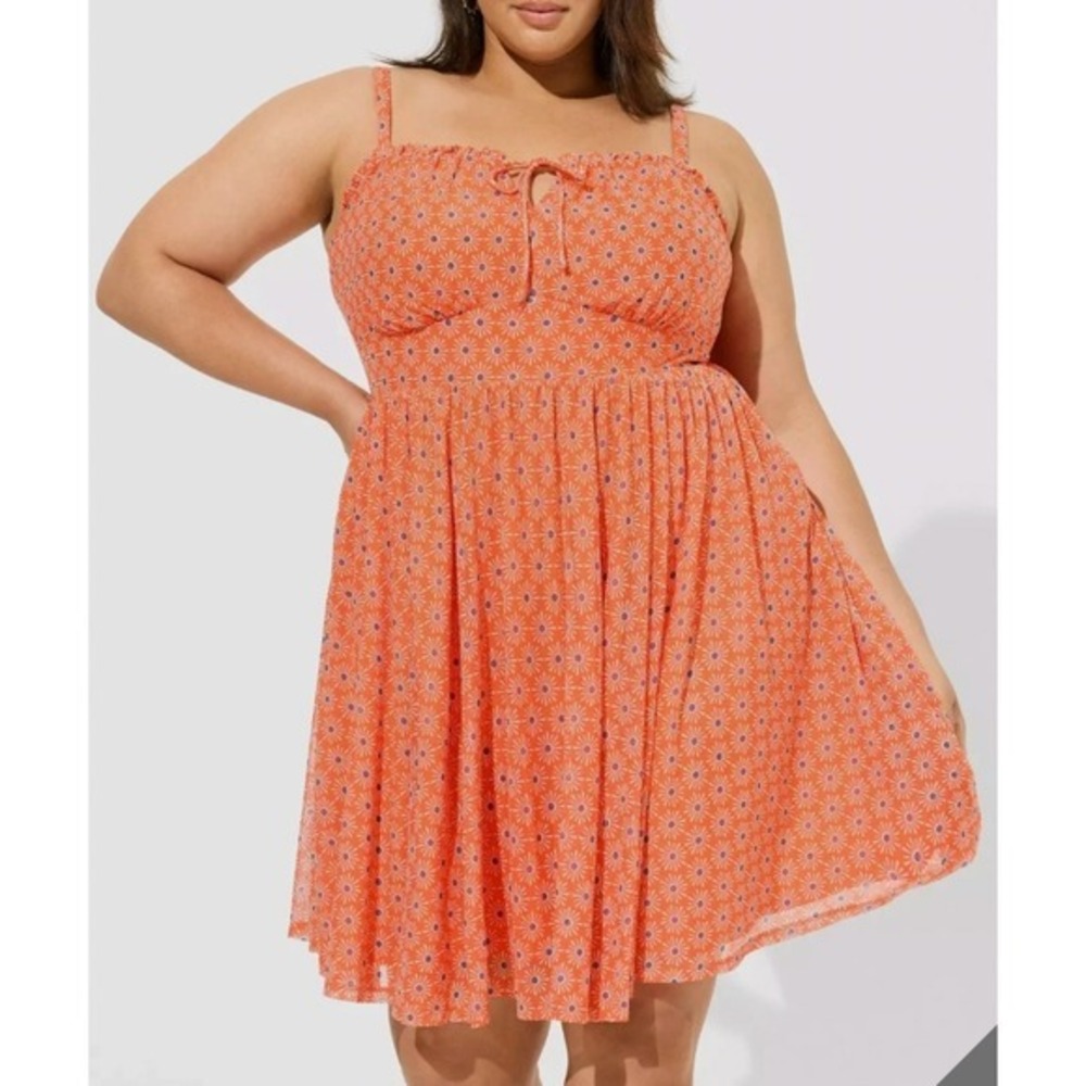 Torrid Mini Dress Sz 2X Orange Floral Mesh Adjustable Straps Cami‎ Skater